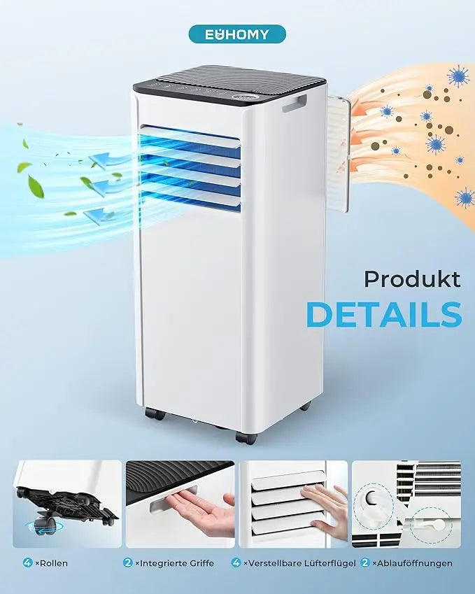 Climatiseur mobile 7000 BTU, 4-en-1, tuyau d’évacuation de l’air, affichage, télécommande, kit fenêtre, jusqu’à 20 m 2, classe énergétique A