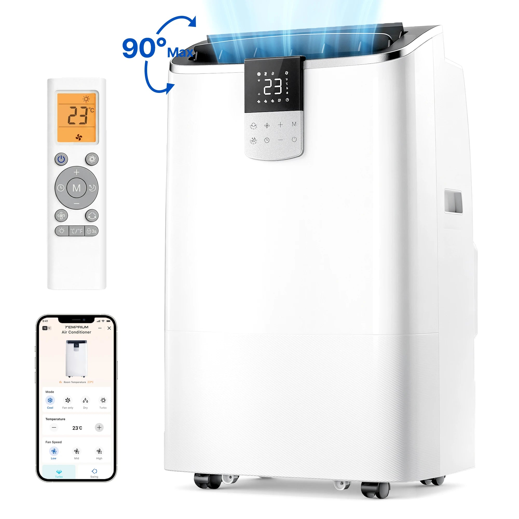 Climatiseur mobile 7000 BTU, 4-en-1, tuyau d’évacuation de l’air, affichage, télécommande, kit fenêtre, jusqu’à 20 m 2, classe énergétique A