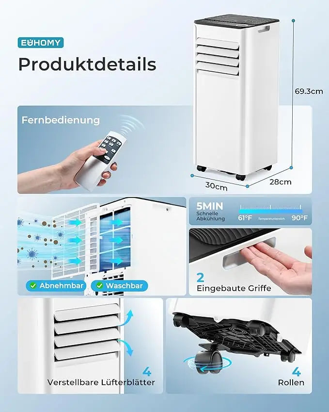 Climatiseur mobile 7000 BTU, 4-en-1, tuyau d’évacuation de l’air, affichage, télécommande, kit fenêtre, jusqu’à 20 m 2, classe énergétique A