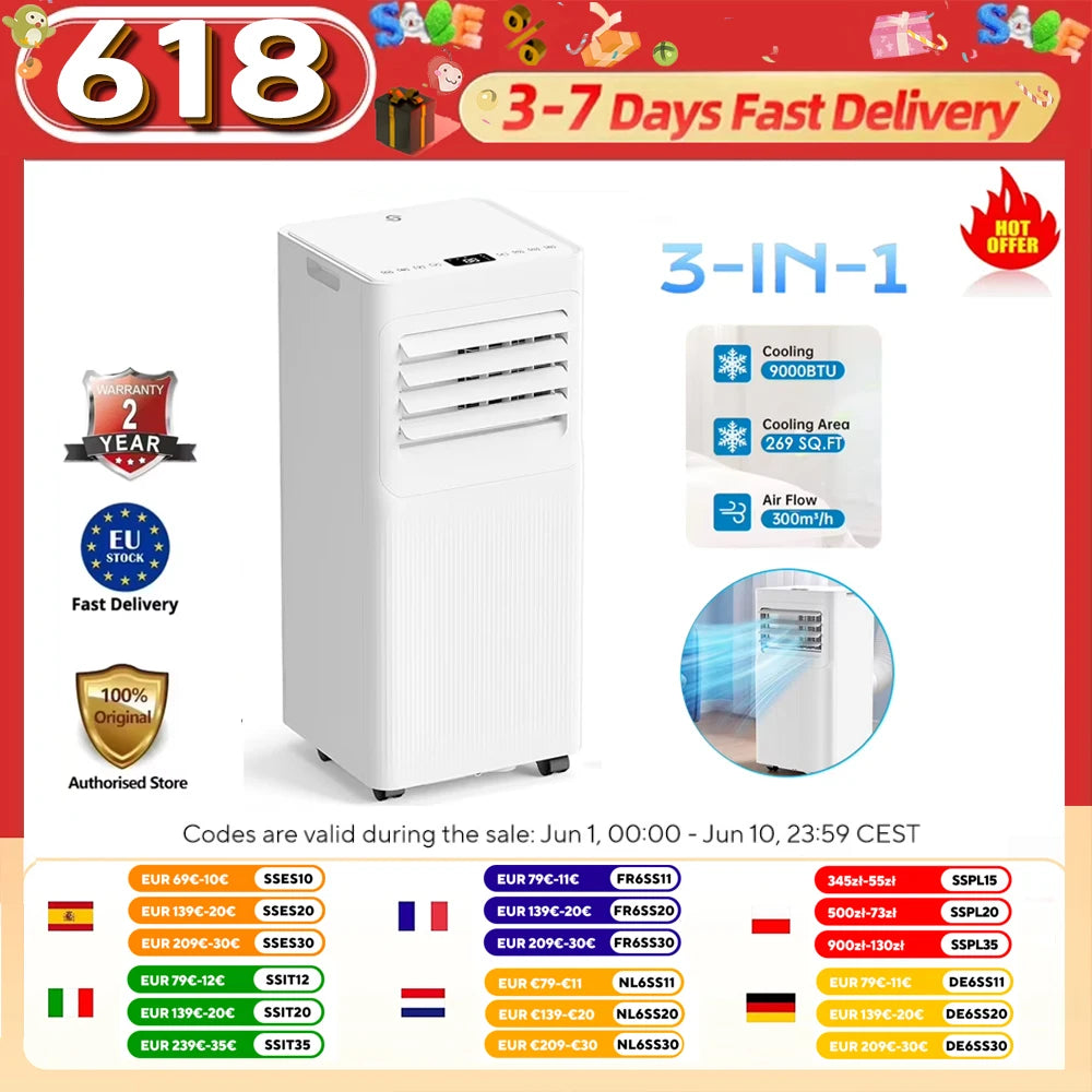 Climatiseur–UVX A016TC 9000 BTU Ventilateur de refroidissement déshumidifié 2 vitesses Ventilateur 24H Minuterie Télécommande Climatisation mobile