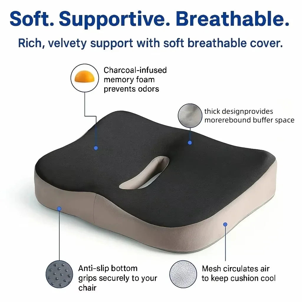 Coussin d’assise en mousse à mémoire de forme, coccyx, sciatique lombaire, soulagement de la douleur, confort, chaise de bureau, siège d’auto, coussin anti-dérapant, orthopédique, membrane