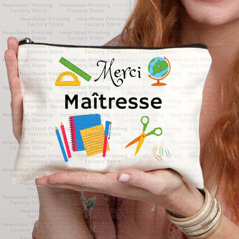 Merci Maîtresse Imprimer Sac de cosmétiques de voyage Sac de rouges à lèvres Trousse Pochette Sacs pour femmes Cadeau de retour à l’école