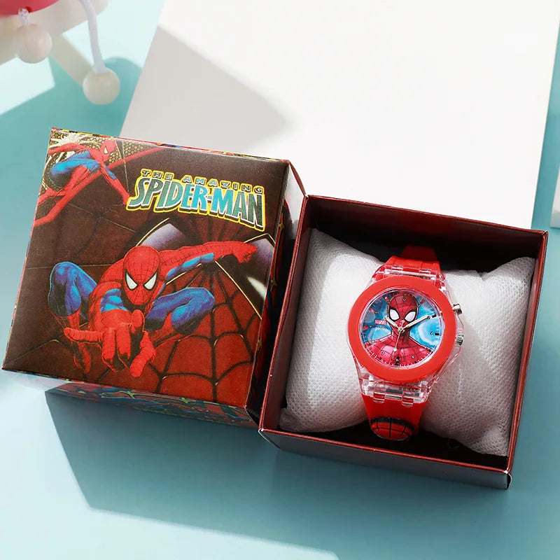 Montre de dessin animé Mickey Flash Light pour filles avec boîte, bracelet en silicone, Spiderman pour enfants, montres pour enfants, horloge pour étudiants, horloge enfant