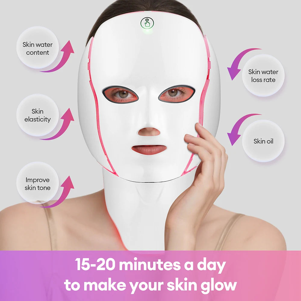 Masque facial à LED en 7 couleurs avec cou, masque photonique à LED, rajeunissement de la peau, appareil de beauté anti-acné, lifting du visage, masseur ferme