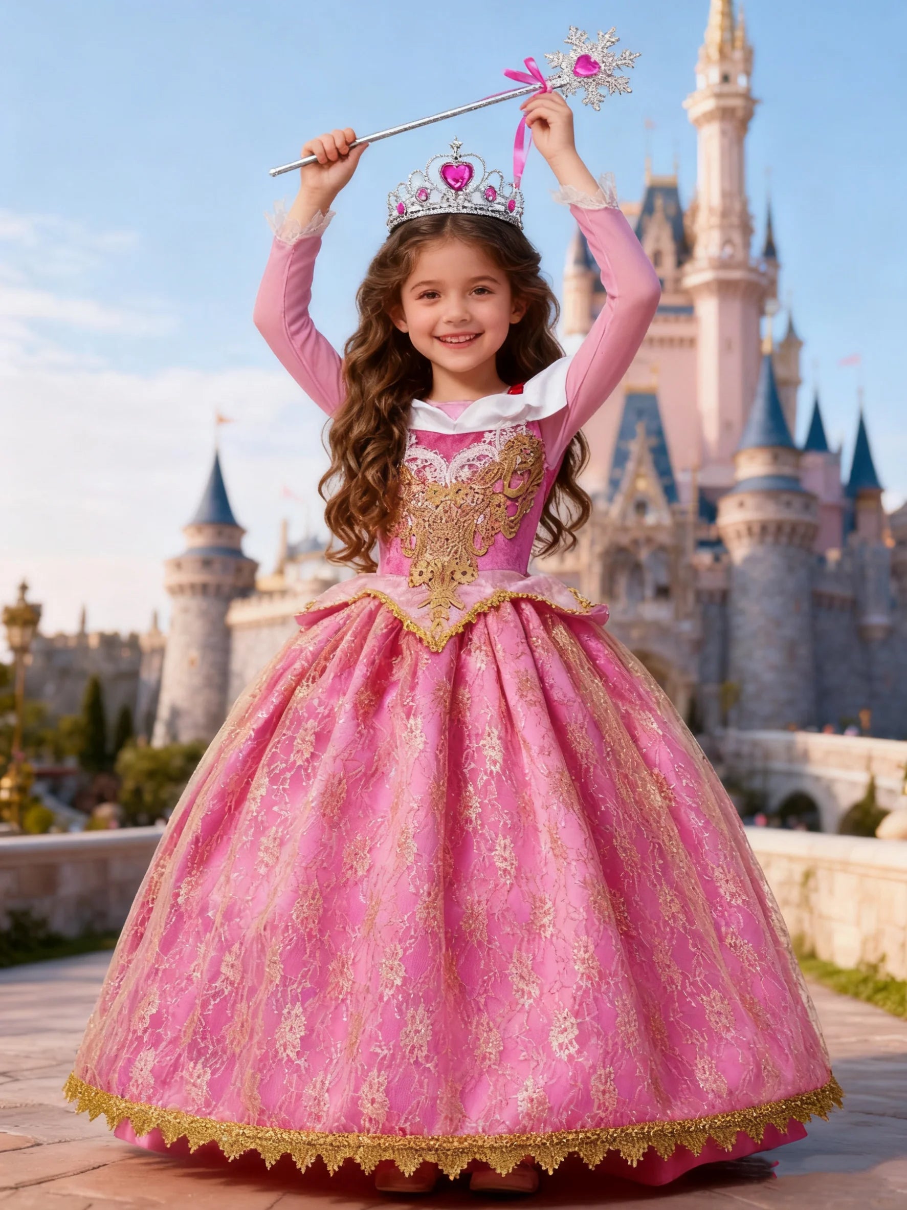 Fille Aurora Princesse Robe Enfants Luxueux Cosplay Costume Rose Rose Briar Rose Tenue Enfants Carnaval Anniversaire Fête Vêtements