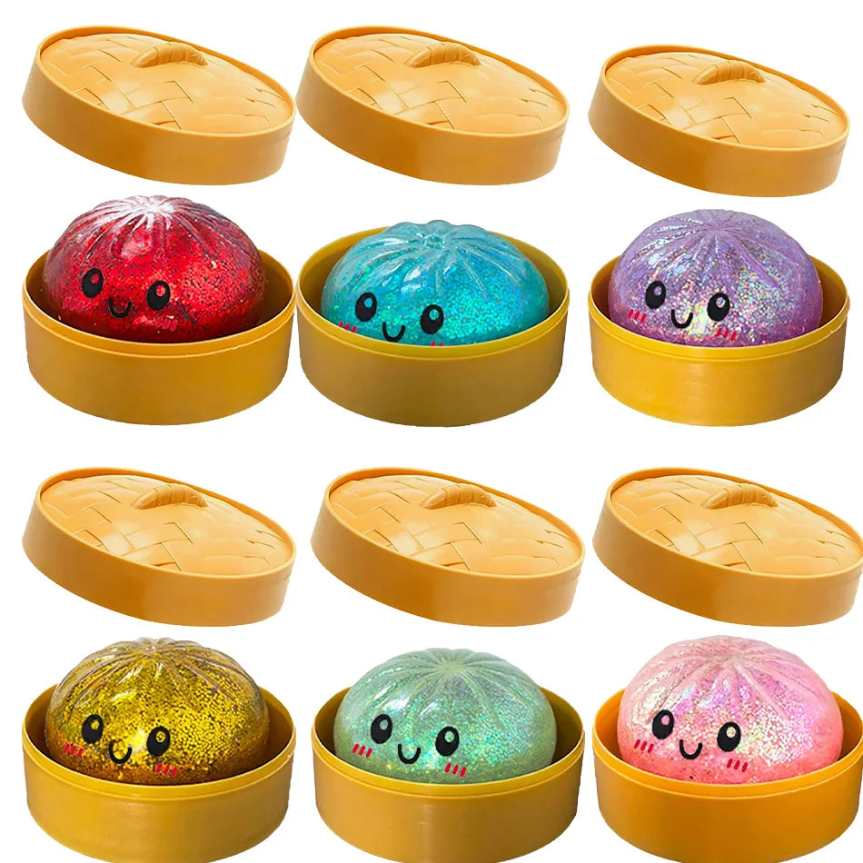 Squish Nouveau 1-12pcs Glitter Dumpling Glitter Dumpling Squishy avec boîte Boulettes Sensory Squeeze Toy pour le soulagement du stress