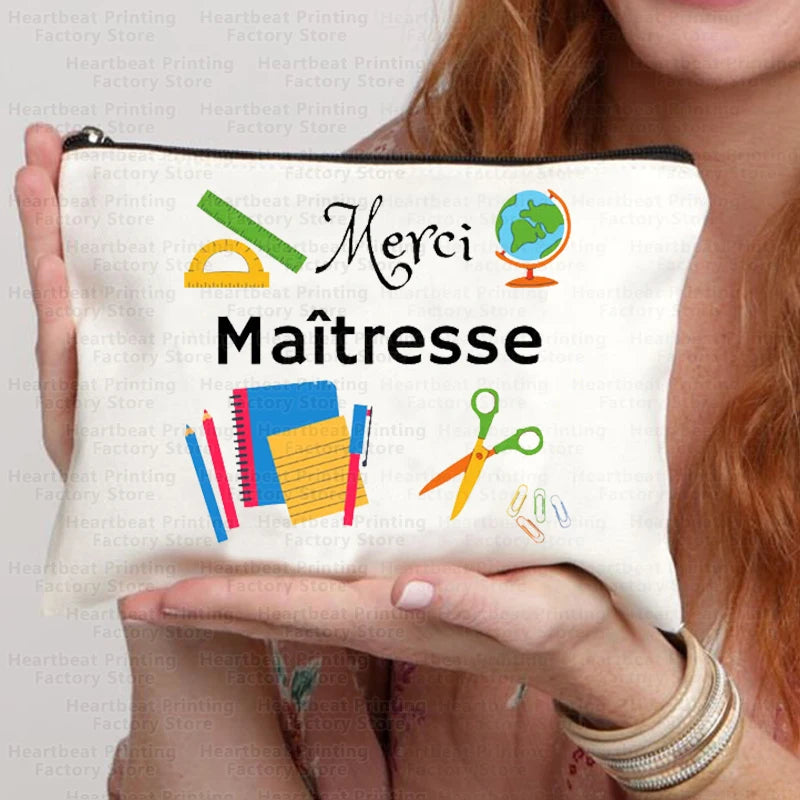 Merci Maîtresse Imprimer Sac de cosmétiques de voyage Sac de rouges à lèvres Trousse Pochette Sacs pour femmes Cadeau de retour à l’école