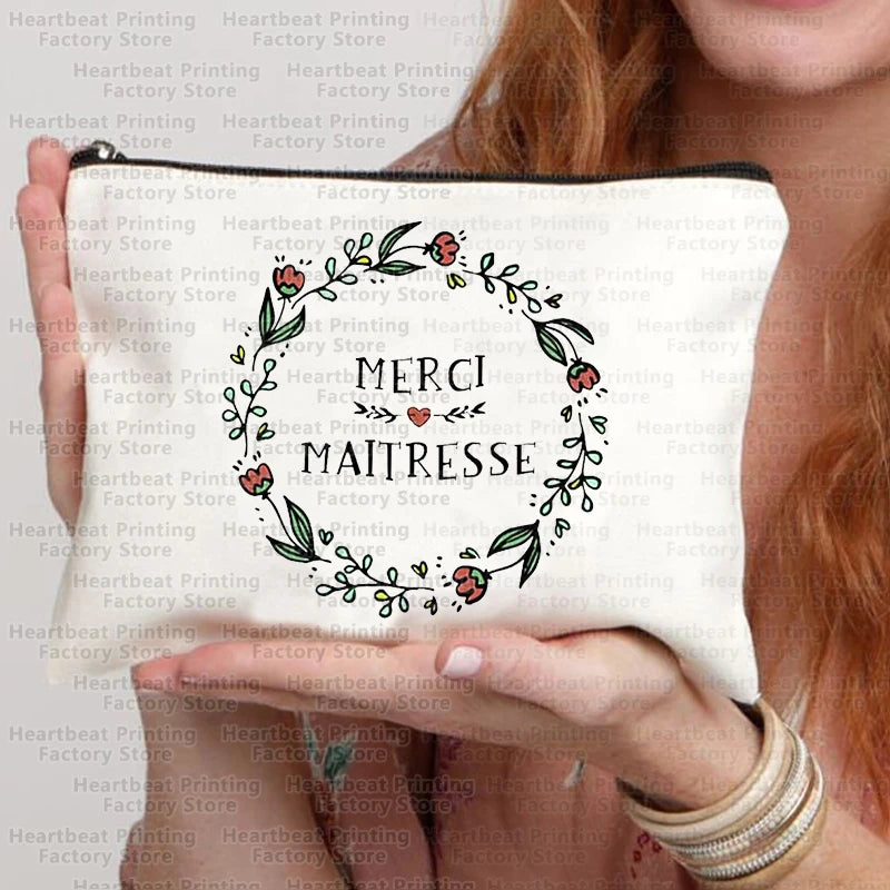Merci Maîtresse Imprimer Sac de cosmétiques de voyage Sac de rouges à lèvres Trousse Pochette Sacs pour femmes Cadeau de retour à l’école