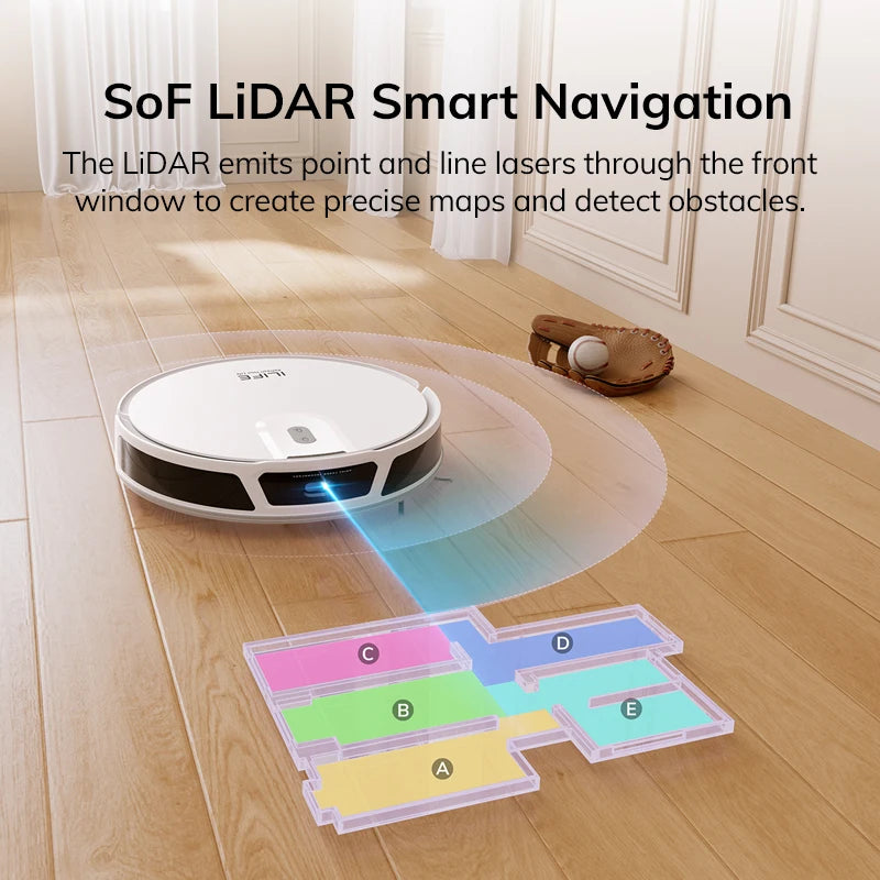 Aspirateur robot ILIFE V20, aspiration 5000Pa, navigation intelligente LiDAR SOF, contrôle d’application, nettoyage personnalisable, recharge automatique