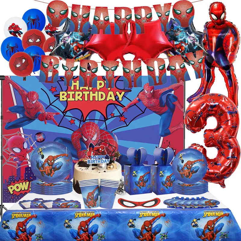 Décoration de fête d’anniversaire SpiderMan, ballons en latex et aluminium, vaisselle jetable pour enfant, fournitures d’événement, bannière en arrière-plan