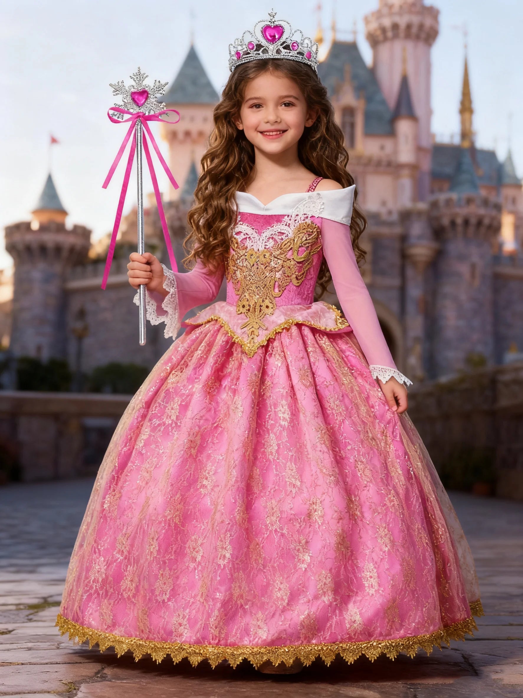Fille Aurora Princesse Robe Enfants Luxueux Cosplay Costume Rose Rose Briar Rose Tenue Enfants Carnaval Anniversaire Fête Vêtements