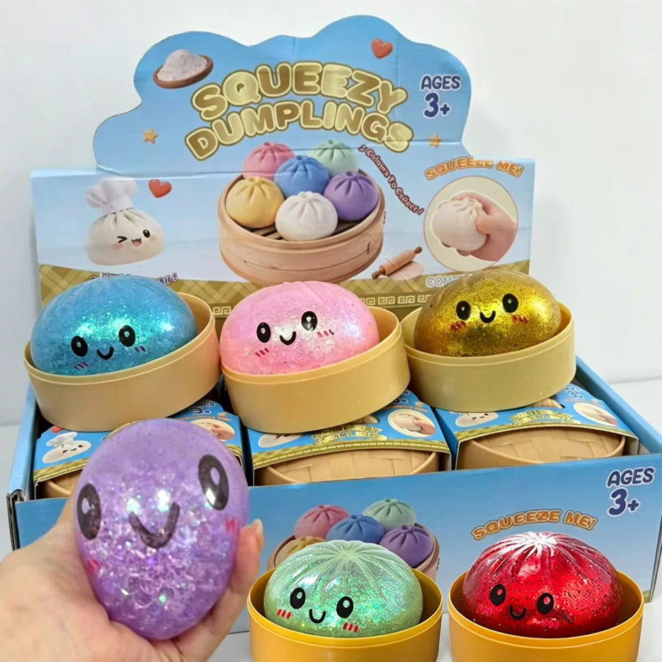 Squish Nouveau 1-12pcs Glitter Dumpling Glitter Dumpling Squishy avec boîte Boulettes Sensory Squeeze Toy pour le soulagement du stress