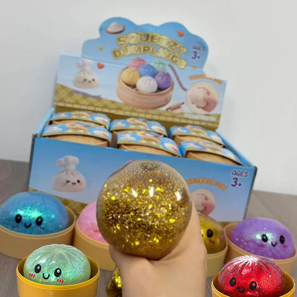 Squish Nouveau 1-12pcs Glitter Dumpling Glitter Dumpling Squishy avec boîte Boulettes Sensory Squeeze Toy pour le soulagement du stress
