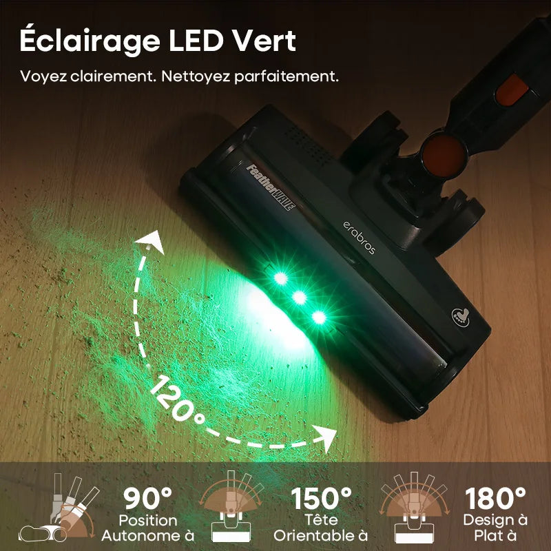 Erabros EV2 450W 55kpa Aspirateur sans fil à haute puissance d’aspiration, aspirateur portable intelligent pour la maison, capacité, affichage LED, tapis de sol