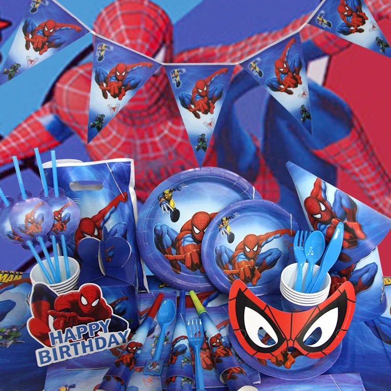 Décoration de fête d’anniversaire SpiderMan, ballons en latex et aluminium, vaisselle jetable pour enfant, fournitures d’événement, bannière en arrière-plan