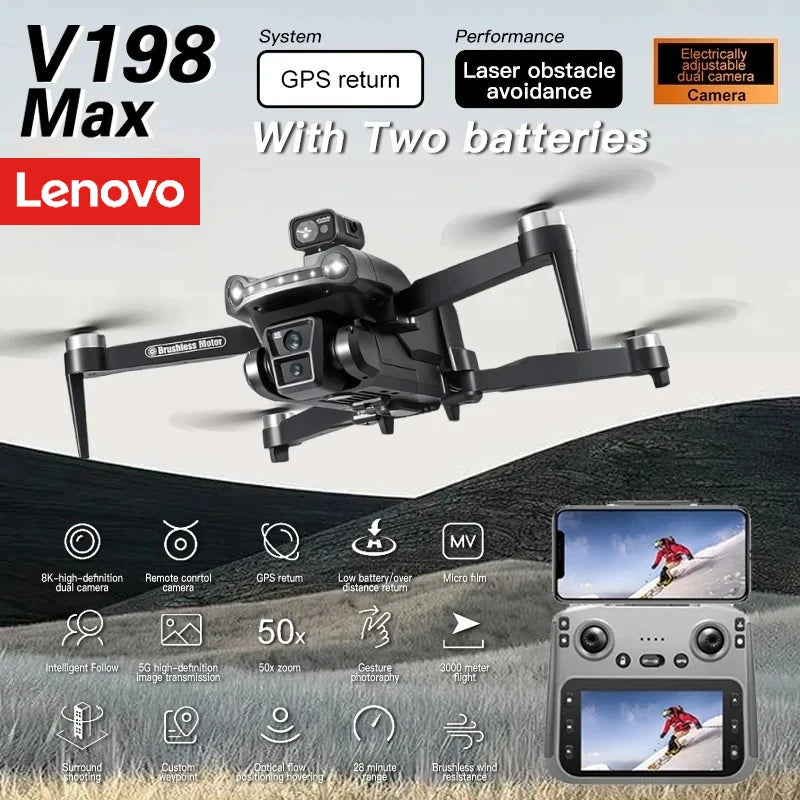 Lenovo V198Max GPS Drone 4K Professionnel 8K HD Deux caméras Moteur sans balais 5G WIFI FPV RC Quadcopter Hélicoptère avec jouet d’écran