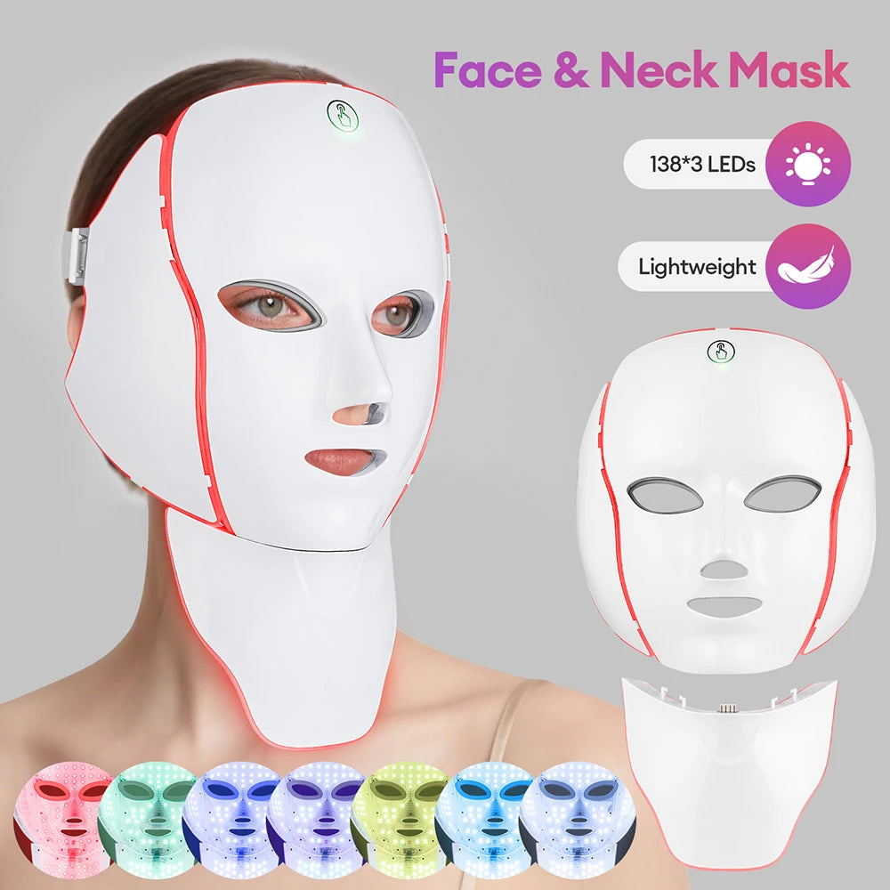 Masque facial à LED en 7 couleurs avec cou, masque photonique à LED, rajeunissement de la peau, appareil de beauté anti-acné, lifting du visage, masseur ferme