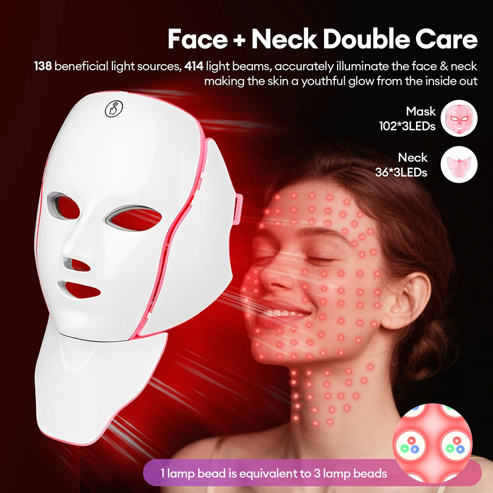 Masque facial à LED en 7 couleurs avec cou, masque photonique à LED, rajeunissement de la peau, appareil de beauté anti-acné, lifting du visage, masseur ferme
