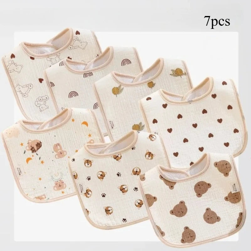 7pcs Bavoirs en coton imperméables pour bébés, linges à barboter, serviette à salive pour nouveau-nés, dessin animé, impression, accessoires pour bébés, biberons