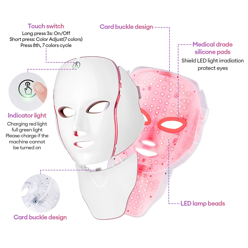 Masque facial à LED en 7 couleurs avec cou, masque photonique à LED, rajeunissement de la peau, appareil de beauté anti-acné, lifting du visage, masseur ferme