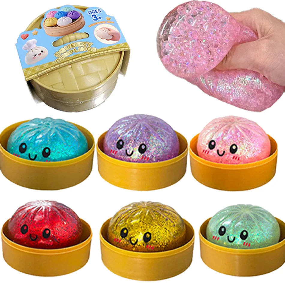 Squish Nouveau 1-12pcs Glitter Dumpling Glitter Dumpling Squishy avec boîte Boulettes Sensory Squeeze Toy pour le soulagement du stress