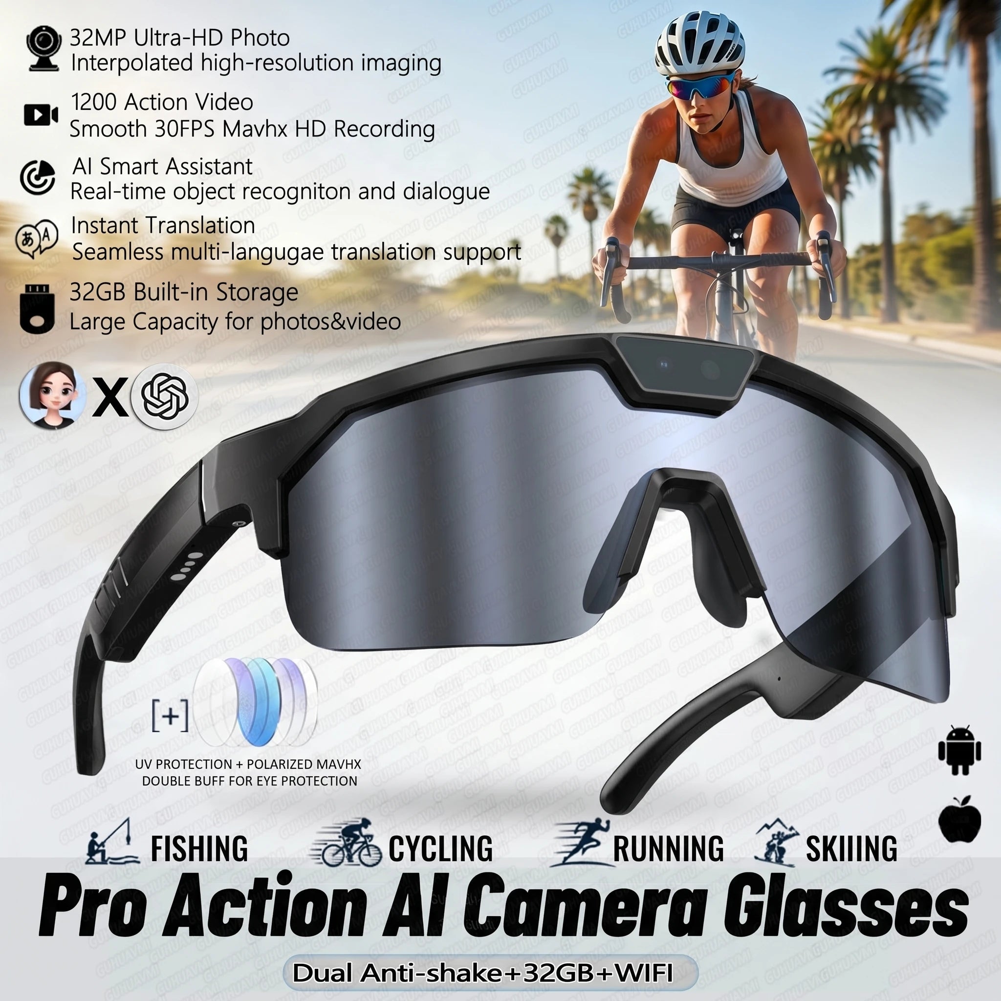 Lunettes 800W Caméra HD Anti-shake Vélo Prise de vue Artifact Lunettes coupe-vent