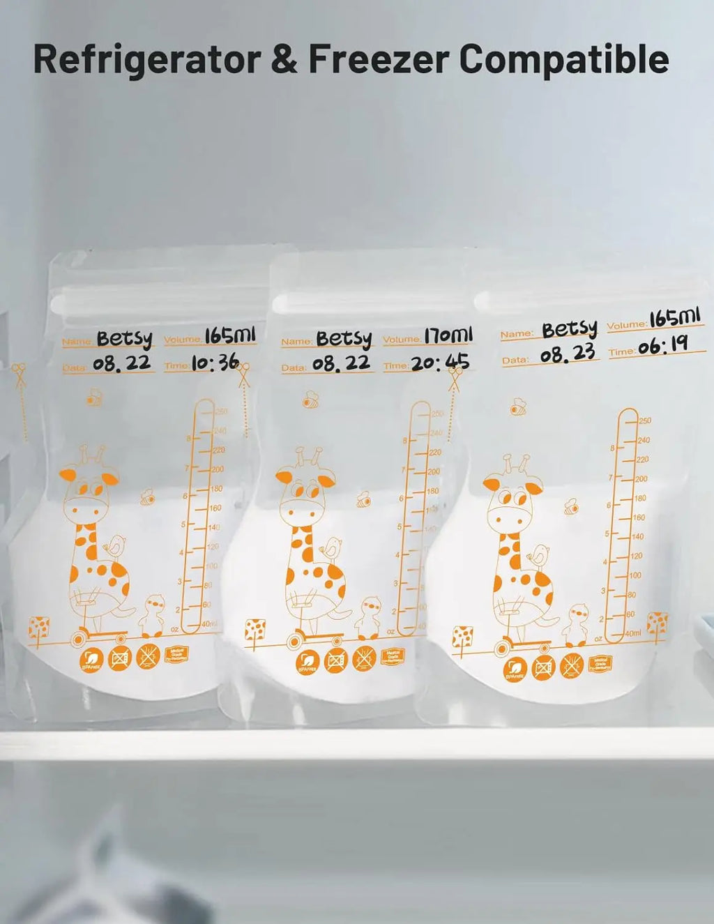 250ml 100pcs Sac de stockage de lait maternel Conteneurs de stockage d’aliments pour bébés autoportants Sacs de congélateur à lait sans fuite Aliment sûr BPA Exempt