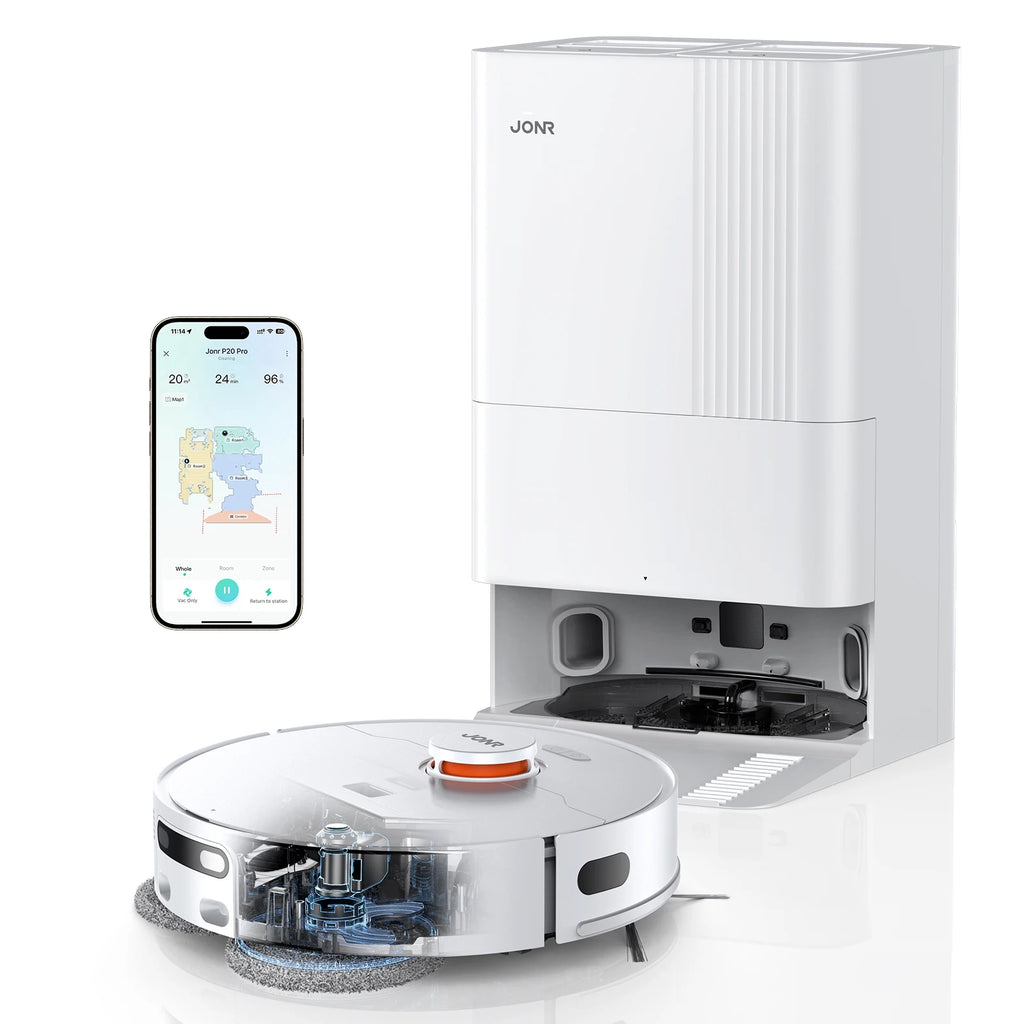 JONR Robot aspirateur P20 Pro International Edition Serpillière, aspirateur, lingettes de séchage, nettoyage automatique, collecte de poussière, évacuation des eaux