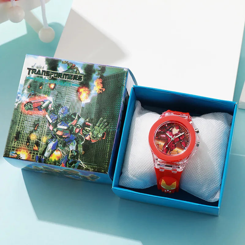 Montre de dessin animé Mickey Flash Light pour filles avec boîte, bracelet en silicone, Spiderman pour enfants, montres pour enfants, horloge pour étudiants, horloge enfant