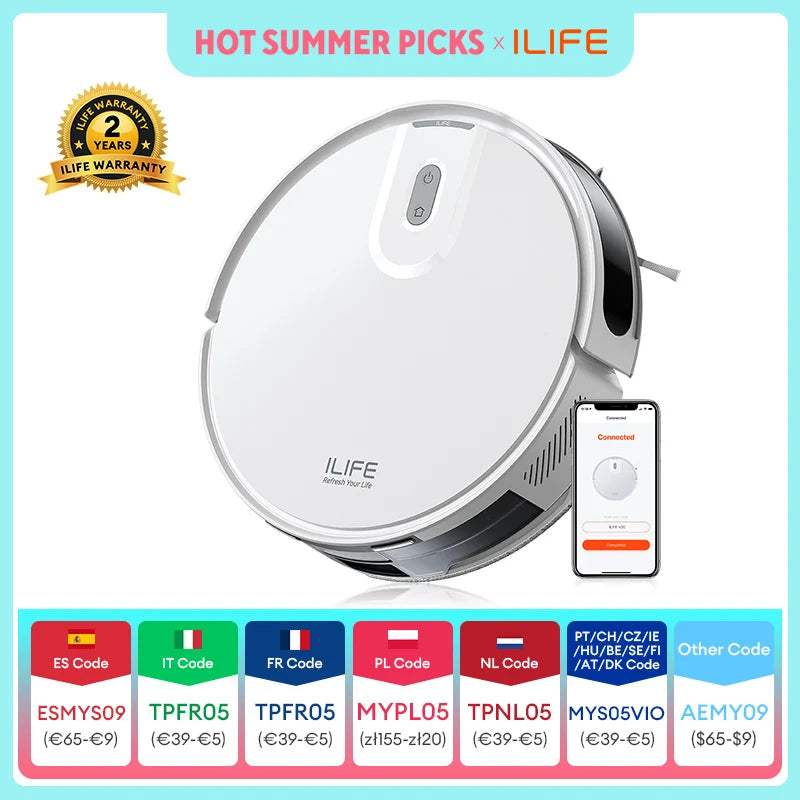 Aspirateur robot ILIFE V20, aspiration 5000Pa, navigation intelligente LiDAR SOF, contrôle d’application, nettoyage personnalisable, recharge automatique