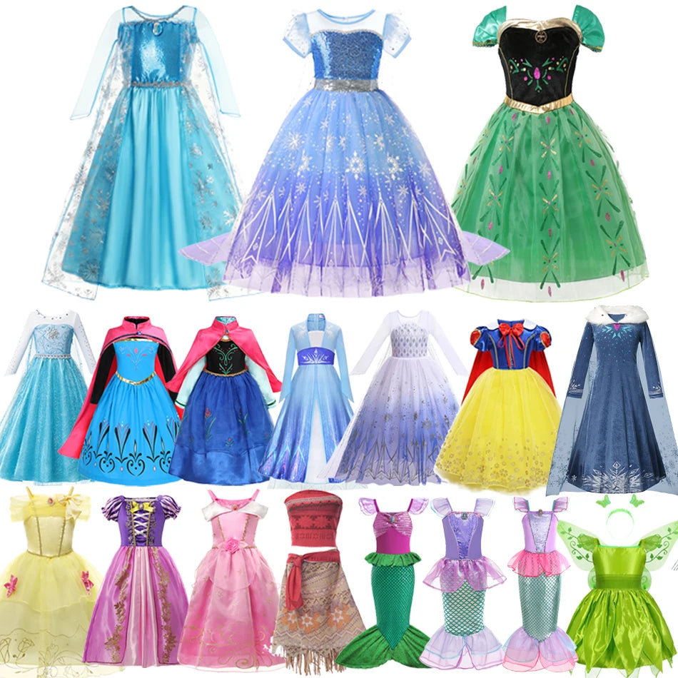 2026 Enfants Princesse Costume Filles Elsa Anna Robe Carnaval Cosplay Blanche Neige Aurora Moana Raiponce Sirène Belle Fête Tenues