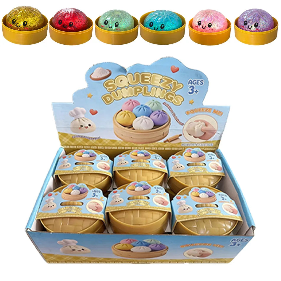 Squish Nouveau 1-12pcs Glitter Dumpling Glitter Dumpling Squishy avec boîte Boulettes Sensory Squeeze Toy pour le soulagement du stress