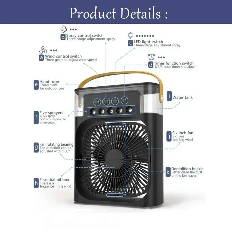 Nouveau 3 en 1 Ventilateur AIr Climatiseur Domestique Mini Refroidisseur d’air LED Veilleuse Humidificateur portable Réglage de l’air Ventilateur Bureau Home Fan