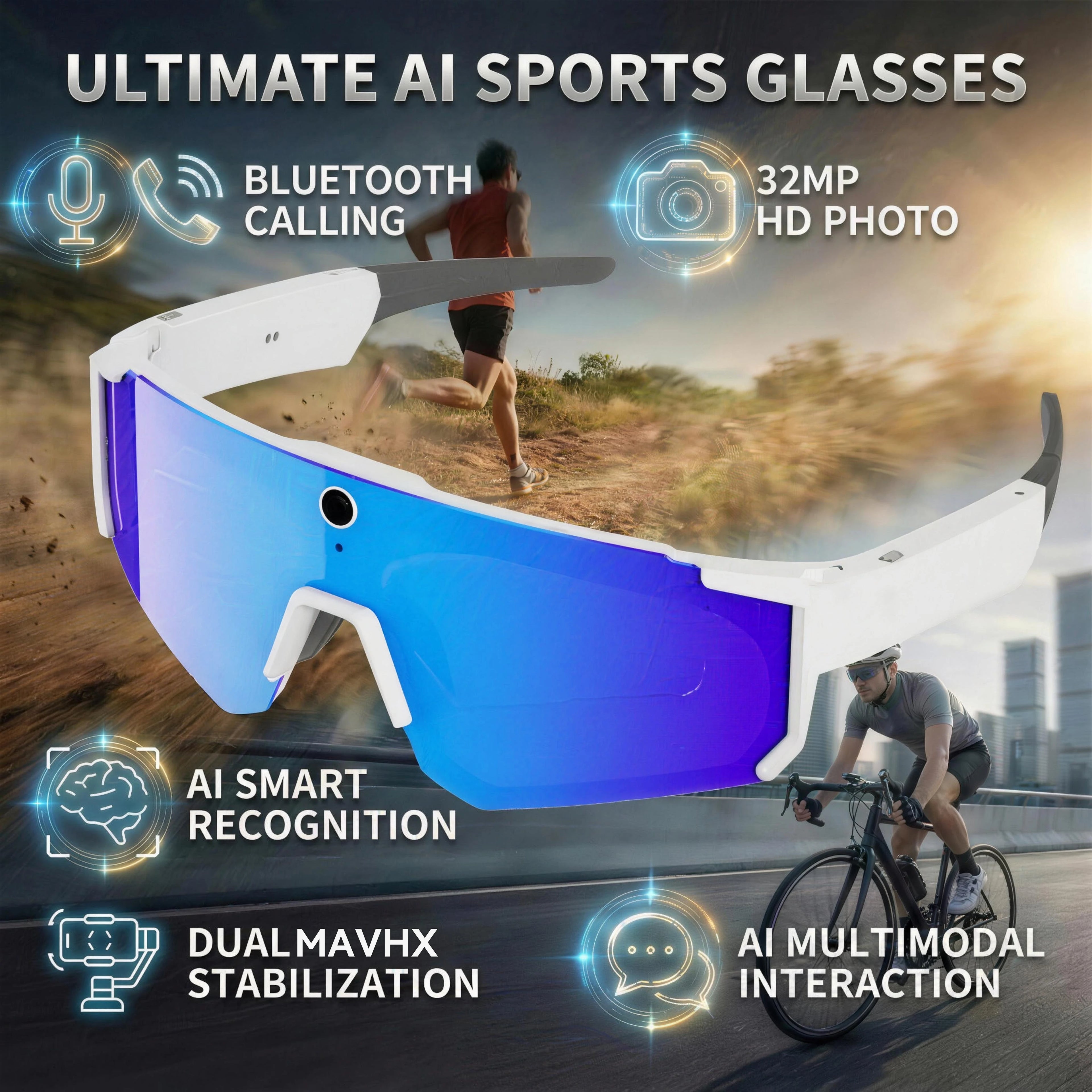 AI Voice Translate Lunettes intelligentes SPORT 1200P Caméra d’enregistrement vidéo Bluetooth WiFi Anti-Shake Lentille polarisée Conduite Lunettes de sport