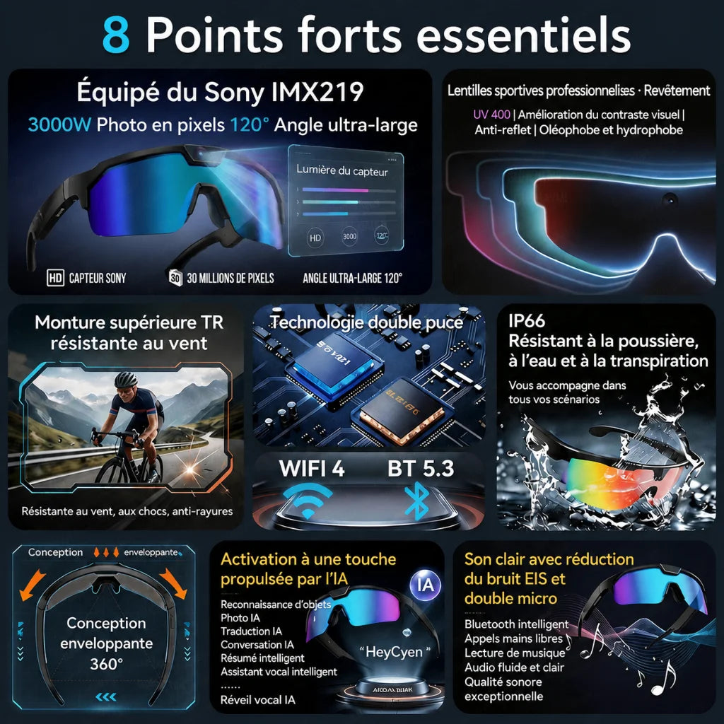 Lunettes 800W Caméra HD Anti-shake Vélo Prise de vue Artifact Lunettes coupe-vent