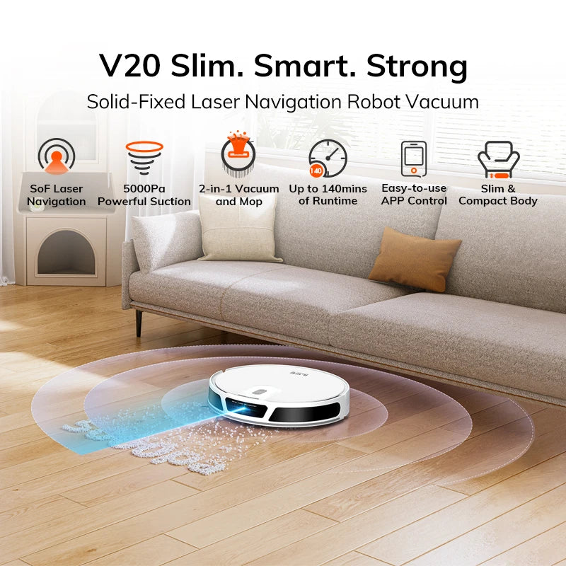 Aspirateur robot ILIFE V20, aspiration 5000Pa, navigation intelligente LiDAR SOF, contrôle d’application, nettoyage personnalisable, recharge automatique