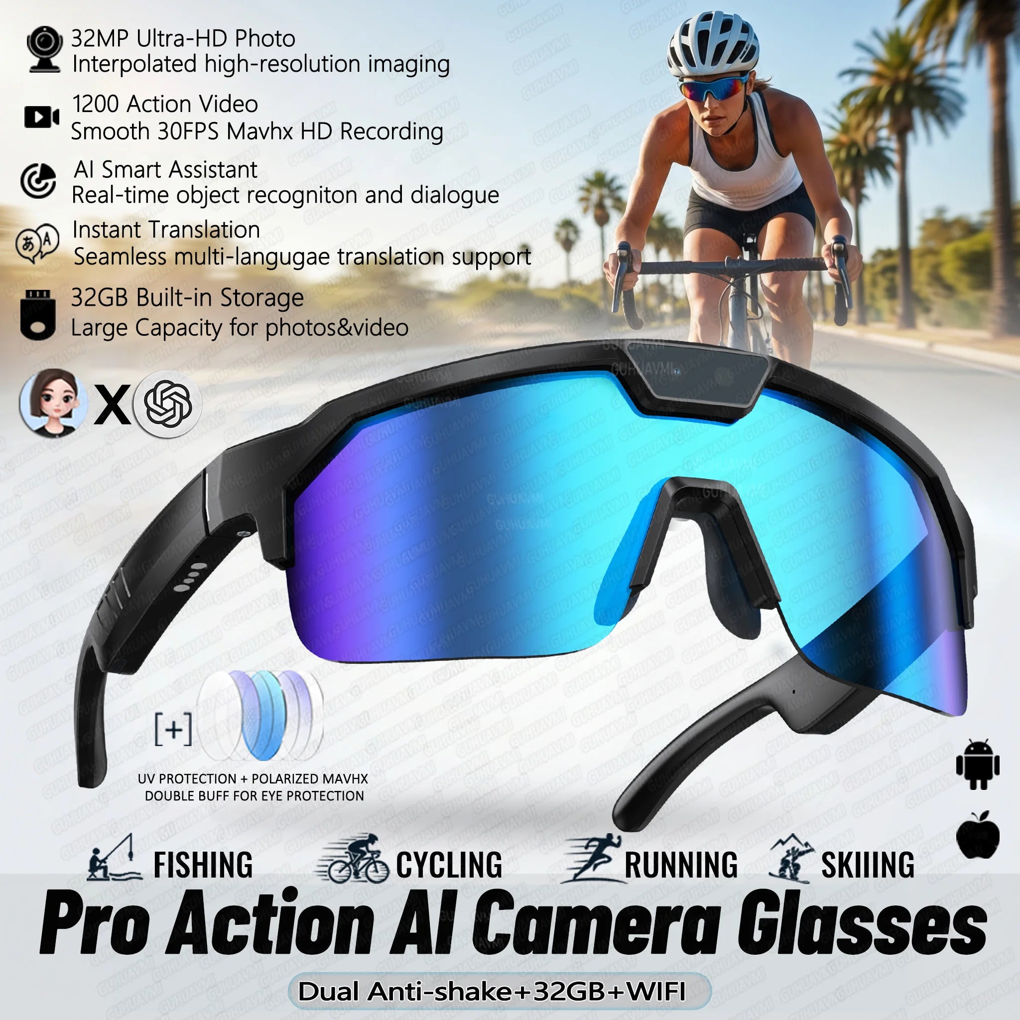 Lunettes 800W Caméra HD Anti-shake Vélo Prise de vue Artifact Lunettes coupe-vent