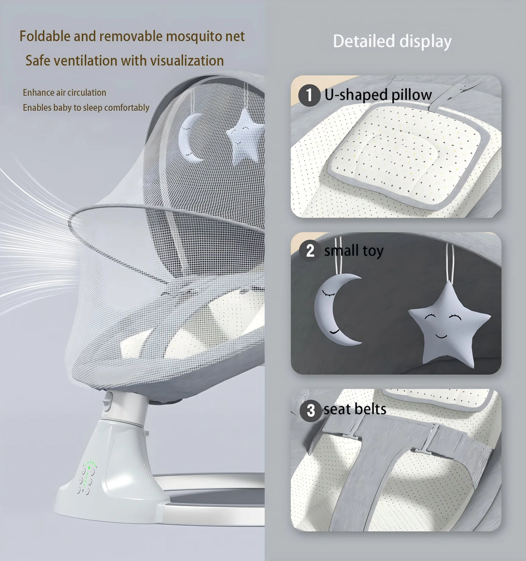 Berceau de bébé électrique Bluetooth avec moustiquaire, musique Bluetooth, chaise à bascule pour bébé, berceau multifonctionnel pour nouveau-nés 2024