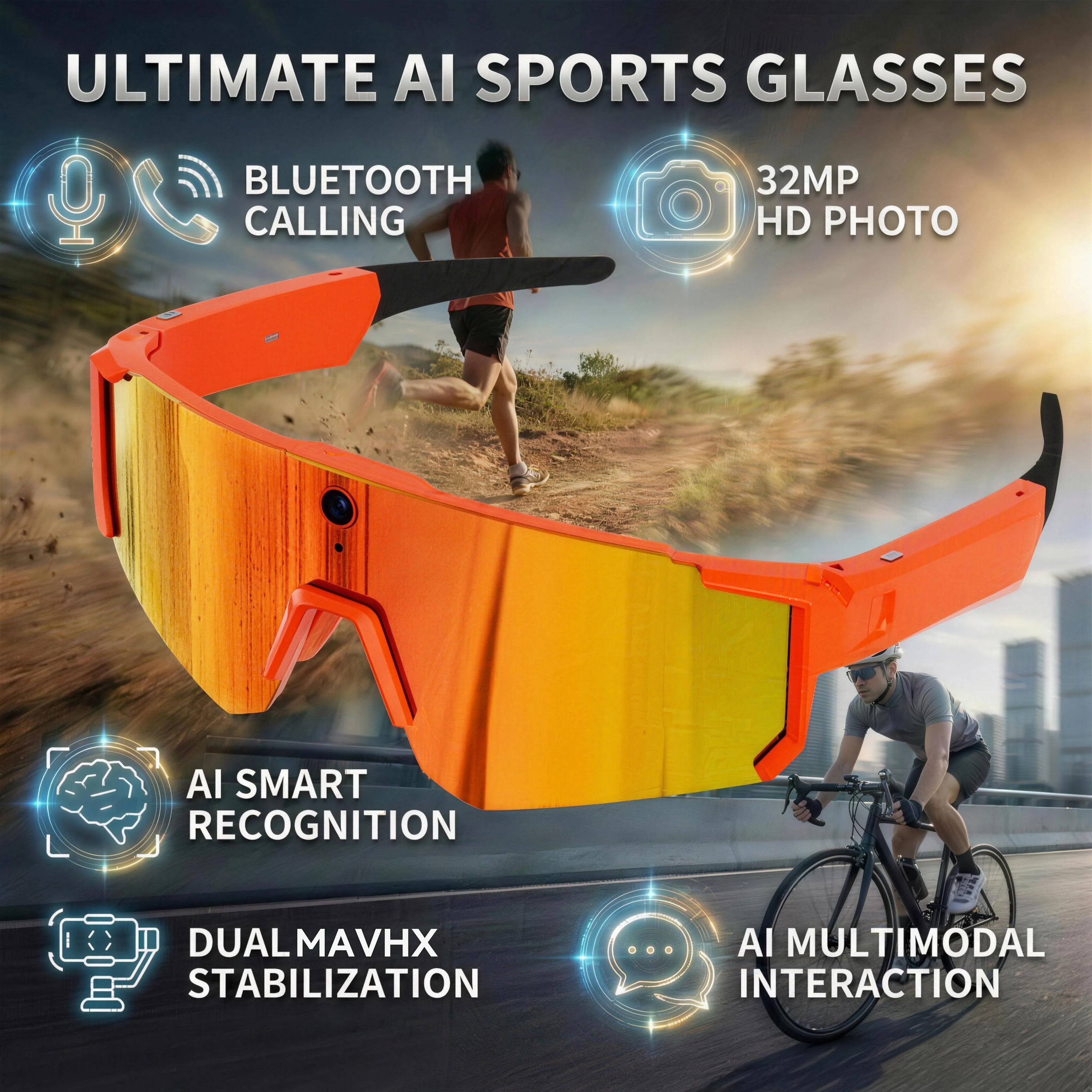 AI Voice Translate Lunettes intelligentes SPORT 1200P Caméra d’enregistrement vidéo Bluetooth WiFi Anti-Shake Lentille polarisée Conduite Lunettes de sport