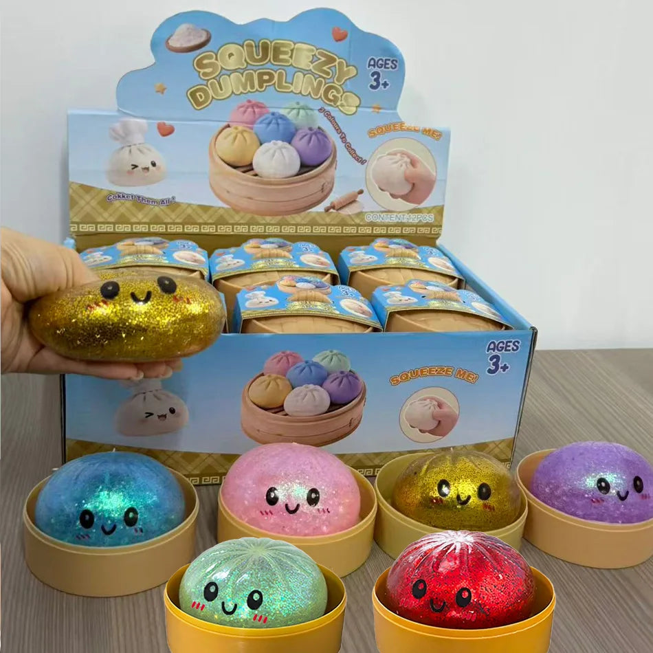 Squish Nouveau 1-12pcs Glitter Dumpling Glitter Dumpling Squishy avec boîte Boulettes Sensory Squeeze Toy pour le soulagement du stress