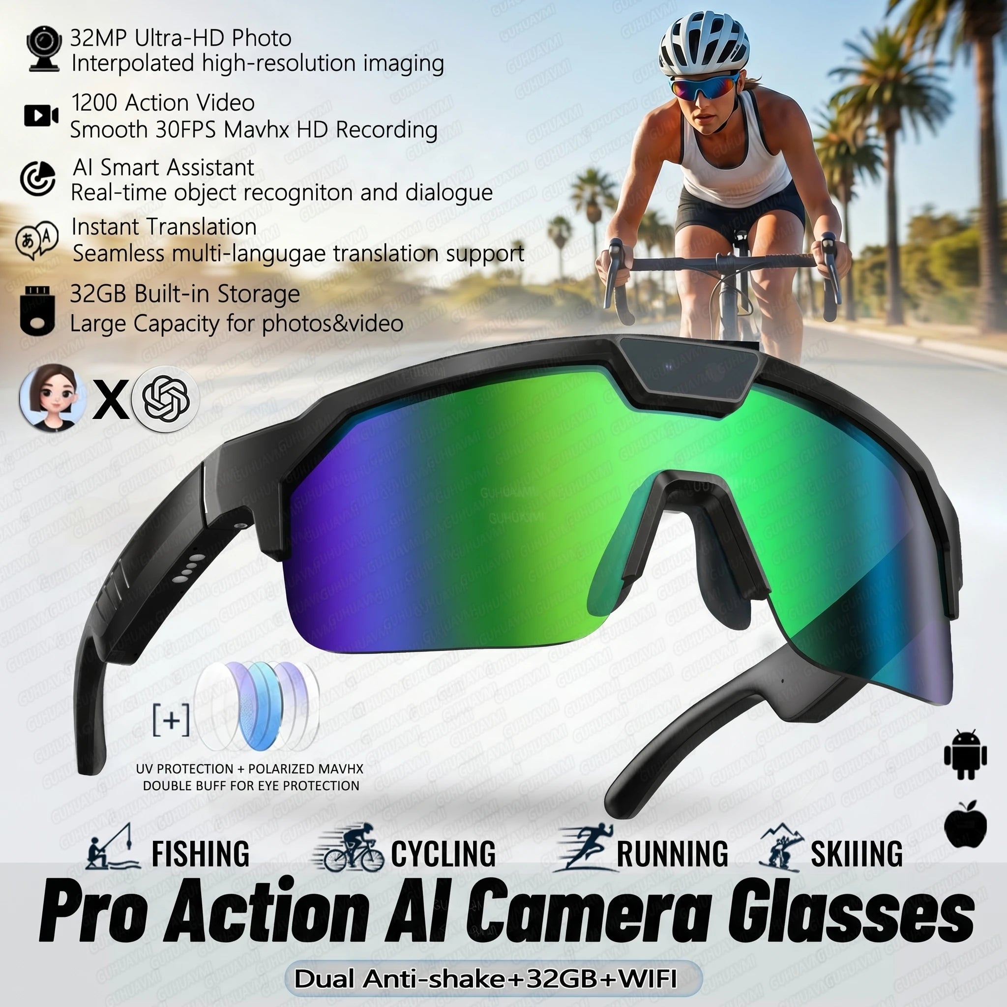 Lunettes 800W Caméra HD Anti-shake Vélo Prise de vue Artifact Lunettes coupe-vent