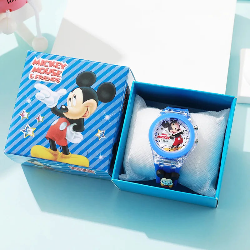 Montre de dessin animé Mickey Flash Light pour filles avec boîte, bracelet en silicone, Spiderman pour enfants, montres pour enfants, horloge pour étudiants, horloge enfant