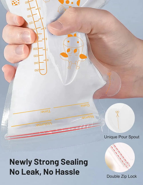 250ml 100pcs Sac de stockage de lait maternel Conteneurs de stockage d’aliments pour bébés autoportants Sacs de congélateur à lait sans fuite Aliment sûr BPA Exempt
