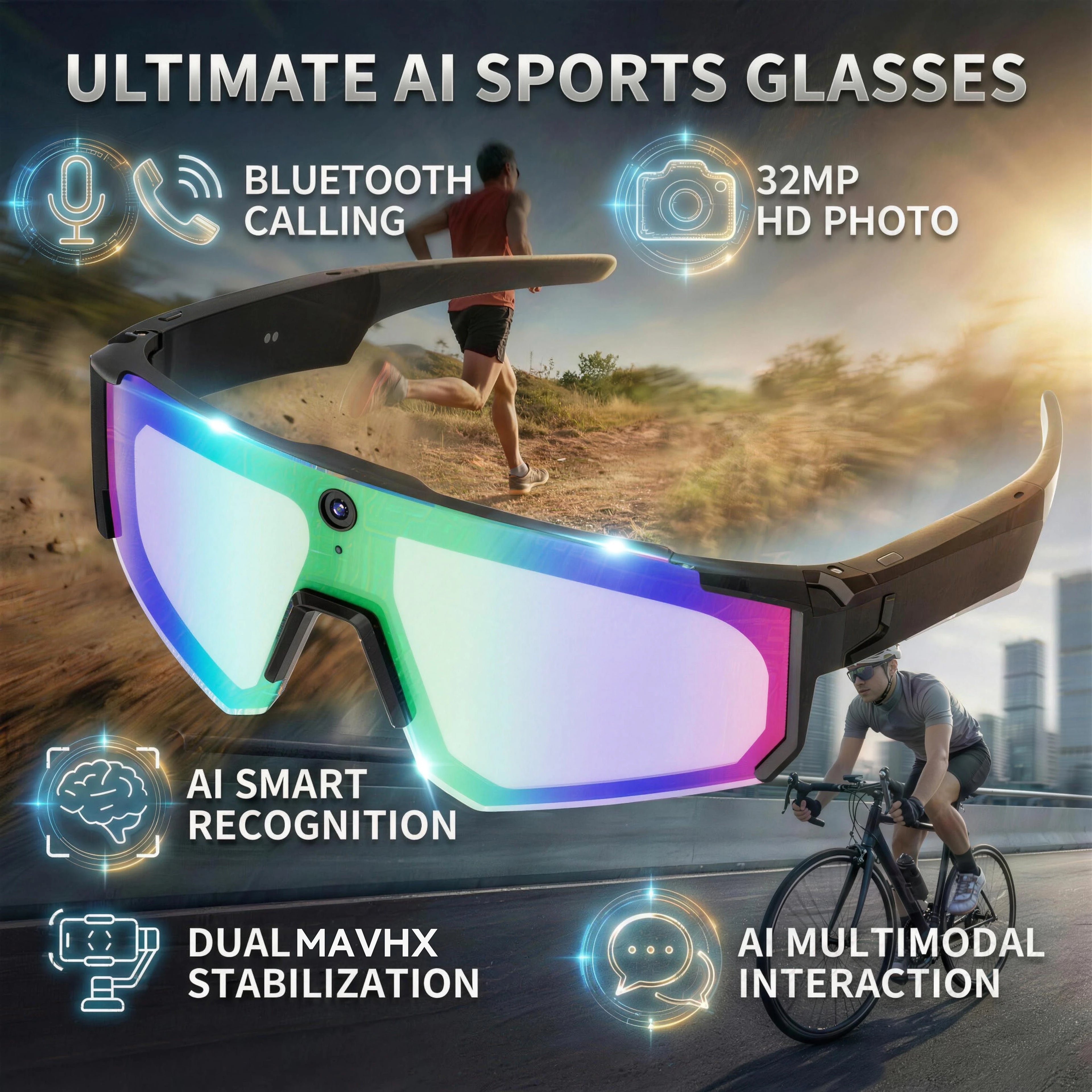 AI Voice Translate Lunettes intelligentes SPORT 1200P Caméra d’enregistrement vidéo Bluetooth WiFi Anti-Shake Lentille polarisée Conduite Lunettes de sport