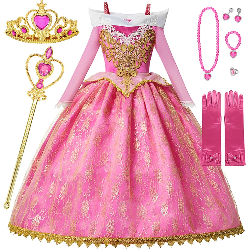Fille Aurora Princesse Robe Enfants Luxueux Cosplay Costume Rose Rose Briar Rose Tenue Enfants Carnaval Anniversaire Fête Vêtements