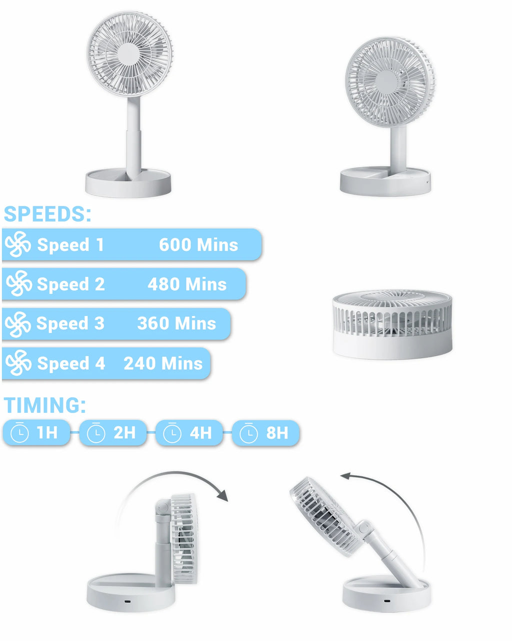Ventilateur pliable USB avec 4 vitesses et synchronisation, mini-ventilateur à piles pour chambre à coucher, intérieur ou extérieur, ventilateur de table
