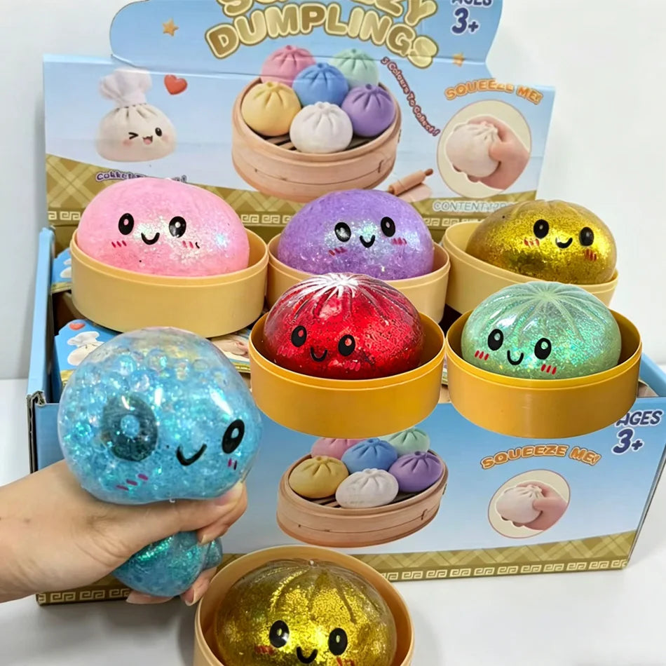 Squish Nouveau 1-12pcs Glitter Dumpling Glitter Dumpling Squishy avec boîte Boulettes Sensory Squeeze Toy pour le soulagement du stress