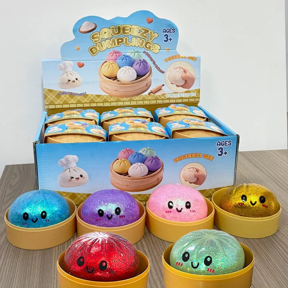 Squish Nouveau 1-12pcs Glitter Dumpling Glitter Dumpling Squishy avec boîte Boulettes Sensory Squeeze Toy pour le soulagement du stress