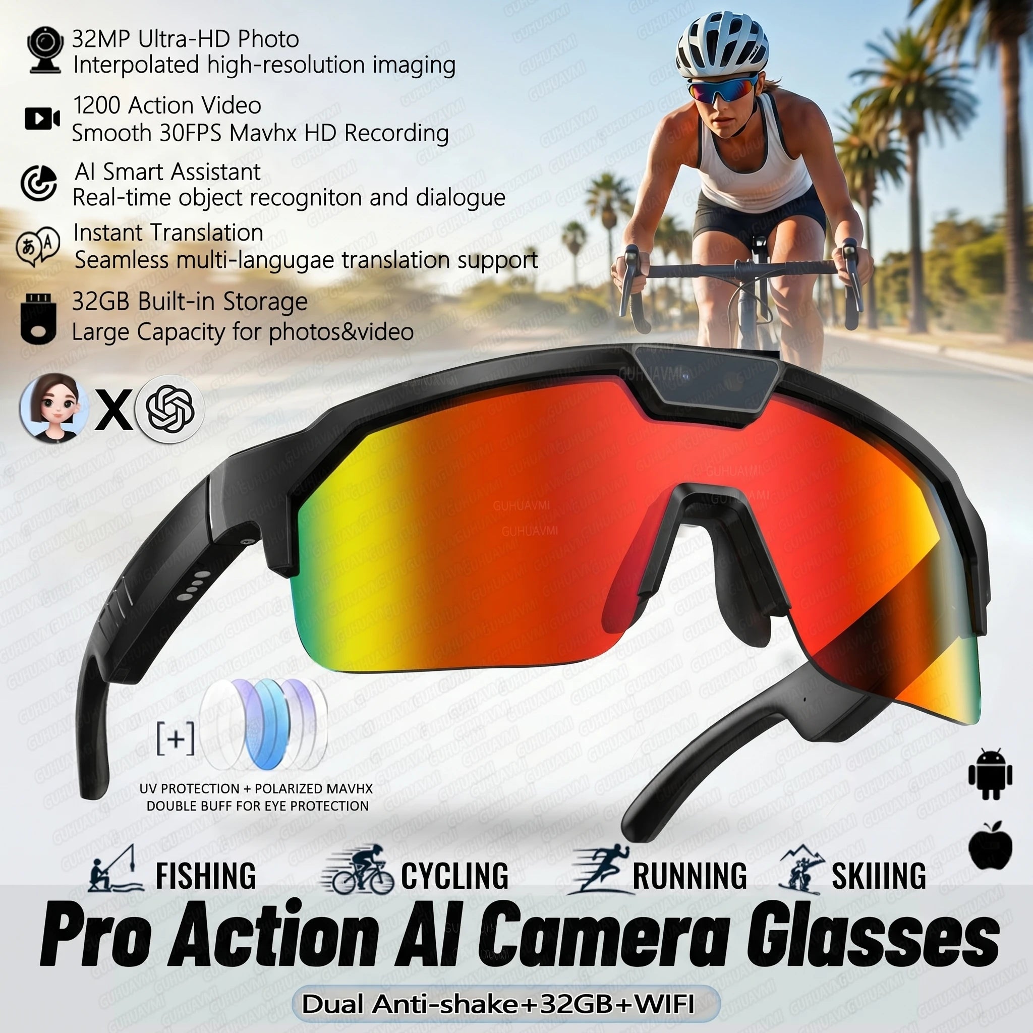 Lunettes 800W Caméra HD Anti-shake Vélo Prise de vue Artifact Lunettes coupe-vent