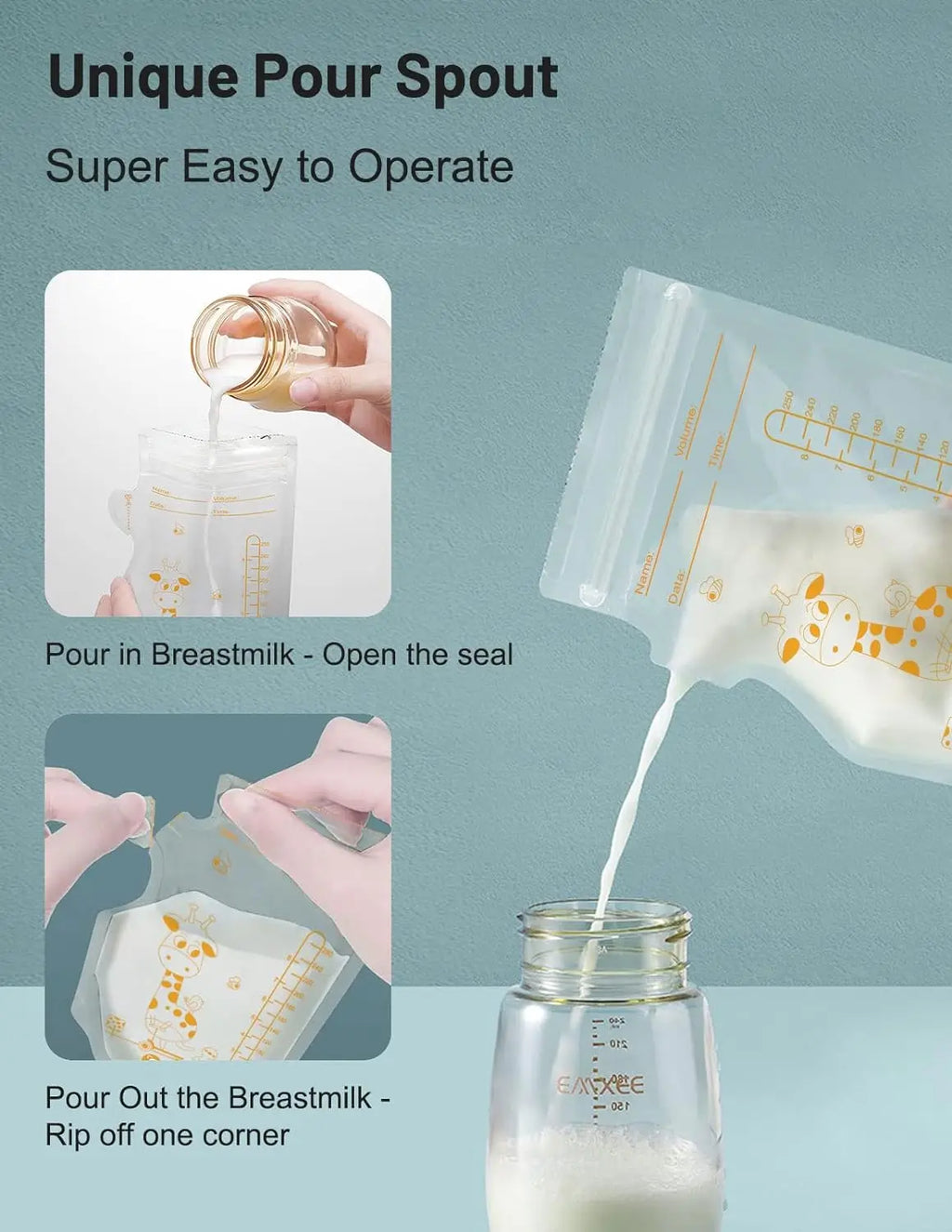 250ml 100pcs Sac de stockage de lait maternel Conteneurs de stockage d’aliments pour bébés autoportants Sacs de congélateur à lait sans fuite Aliment sûr BPA Exempt